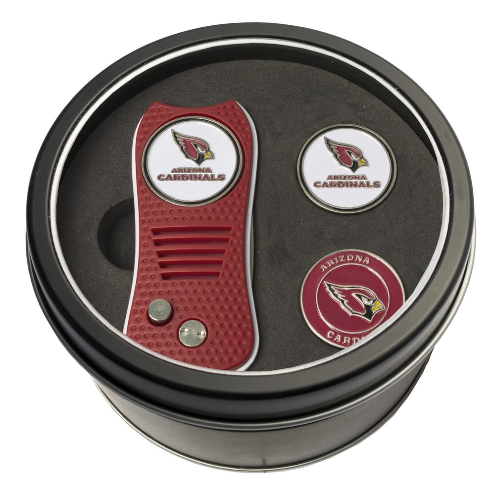 Team Golf NFL Arizona Cardinals 2 Ball Markers Tin Gift Set with Retractable Divot Tool and 3 Double-Sided Magnetic Ball Markers, Patented Single Prong Design, Causes Less Damage to Greens