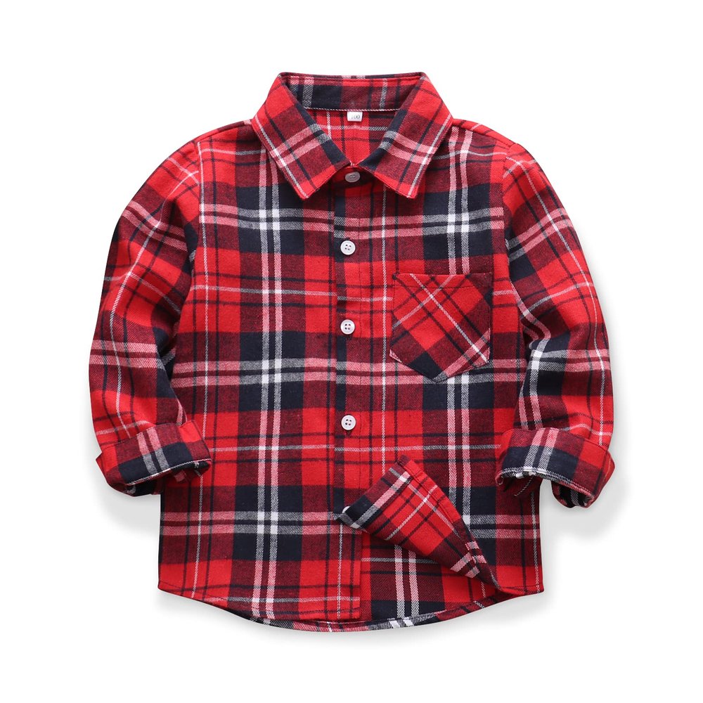 OCHENTA Big Boys Flannel Shirt Button Down Red Flannel Long Sleeve Christmas Outfit E002 Classic Red 150 7-8 Years