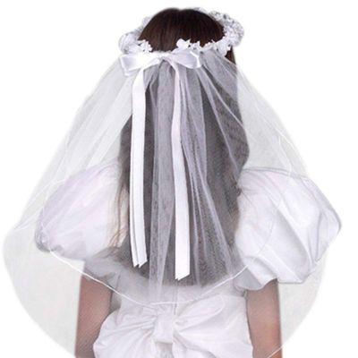 Girls First Communion White Tulle Veil with Beaded Flower Crown and Satin Bow, 22 Inch