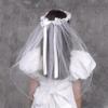 Girls First Communion White Tulle Veil with Beaded Flower Crown and Satin Bow, 22 Inch view 2