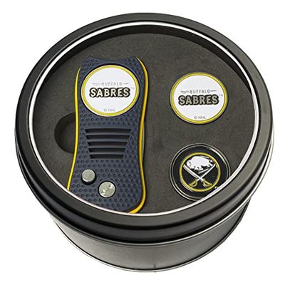 Team Golf NHL Buffalo Sabres Tin Gift Set with Retractable Divot Tool and 2 Ball Markers Gift Set Retractable Divot Tool with 3 Double-Sided Magnetic Ball Markers, Patented Single Prong Design, Causes Less Damage to Greens, Retractable Mechanism