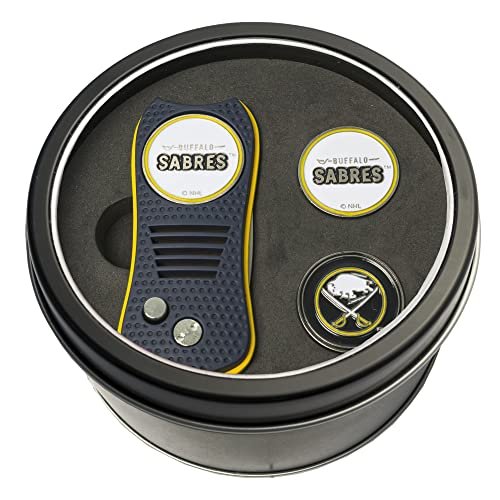 Team Golf NHL Buffalo Sabres Tin Gift Set with Retractable Divot Tool and 2 Ball Markers Gift Set Retractable Divot Tool with 3 Double-Sided Magnetic Ball Markers, Patented Single Prong Design, Causes Less Damage to Greens, Retractable Mechanism