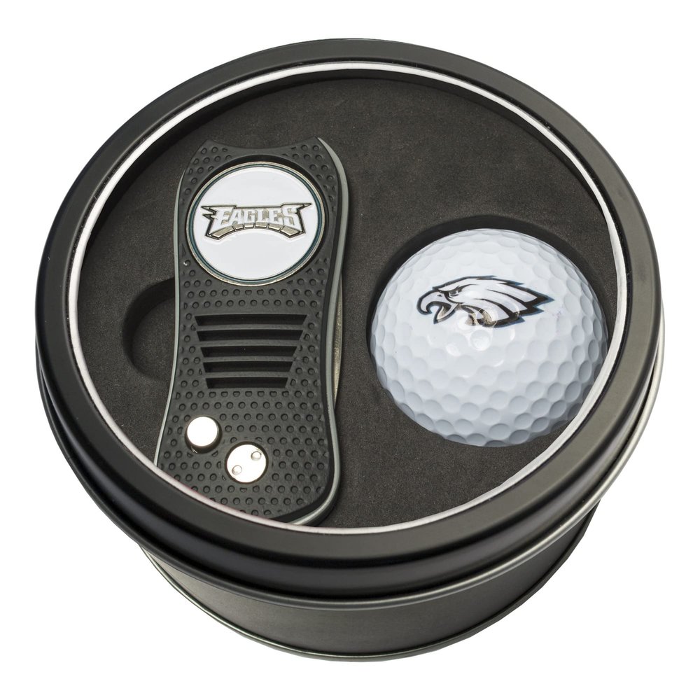 Team Golf NFL Philadelphia Eagles Tin Gift Set with Retractable Divot Tool and Golf Ball Gift Set Switchblade Divot Tool with Double-Sided Magnetic Ball Marker & Golf Ball, Patented Single Prong Design, Less Damage to Greens, Switchblade Mechanism