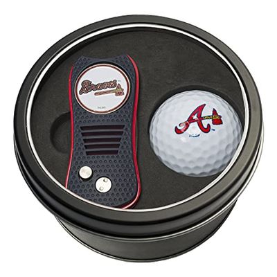 Team Golf MLB Atlanta Braves Tin Gift Set with Retractable Divot Tool and Golf Ball Gift Set Retractable Divot Tool with Double-Sided Magnetic Ball Marker & Golf Ball, Patented Single Prong Design, Less Damage to Greens, Retractable Mechanism