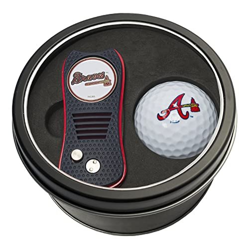 Team Golf MLB Atlanta Braves Tin Gift Set with Retractable Divot Tool and Golf Ball Gift Set Retractable Divot Tool with Double-Sided Magnetic Ball Marker & Golf Ball, Patented Single Prong Design, Less Damage to Greens, Retractable Mechanism