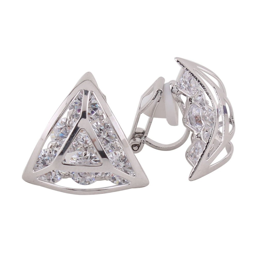 GRACE JUN Copper Material AAA CZ Triangle Shape Clip on Earrings No Pierced for Women Party Wedding Fashion Ear Clip Jewelry(platinum plated)