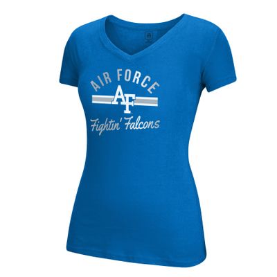 J America Adult Women School Spirit Stripe Essential Tee, Royal, Large, Air Force Falcons