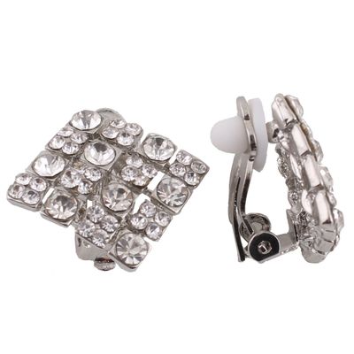 Grace Jun Bridal Rhinestone Crysta Square Shape Clip on Earrings Non Piercing for Women Jewelry (silver plated)