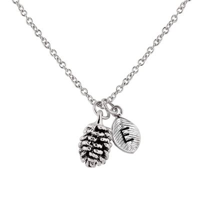 MignonandMignon Silver Dainty Pinecone Necklace Initial Charm Nature Jewelry Leaf Pendant Mother's Day Gift for Her (E) - 3PCN