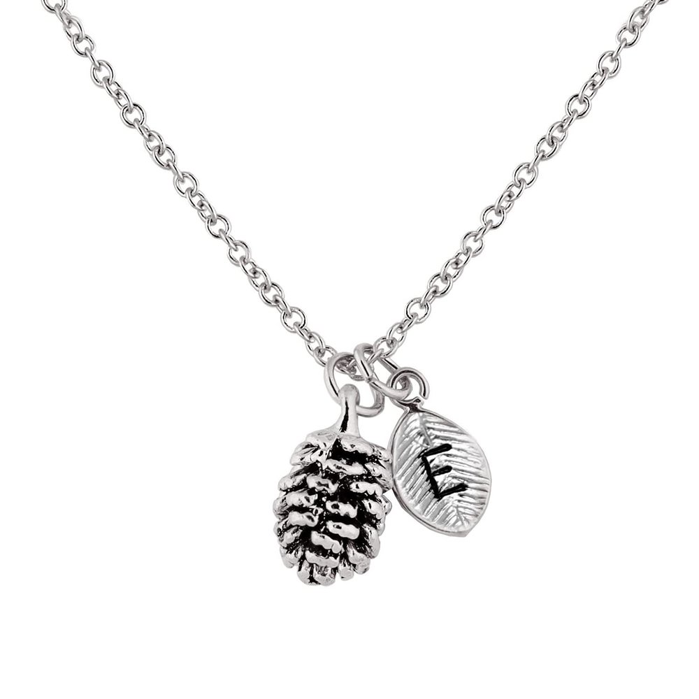 MignonandMignon Silver Dainty Pinecone Necklace Initial Charm Nature Jewelry Leaf Pendant Mother's Day Gift for Her (E) - 3PCN
