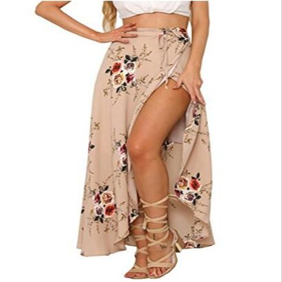 Taiduosheng Women's Asymmetrical Floral Ankle Length Long Open Side Beach Skirts Pink XL