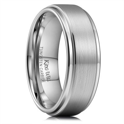 King Will 8mm Silver Wedding Band for Men, Brushed Two Tone Tungsten Carbide Ring Step Edge Polished Finish Rings, Comfort Fit, Size 12