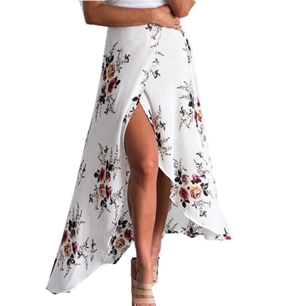 Taiduosheng Women's Asymmetrical Floral Ankle Length Long Open Side Beach Skirts White XL