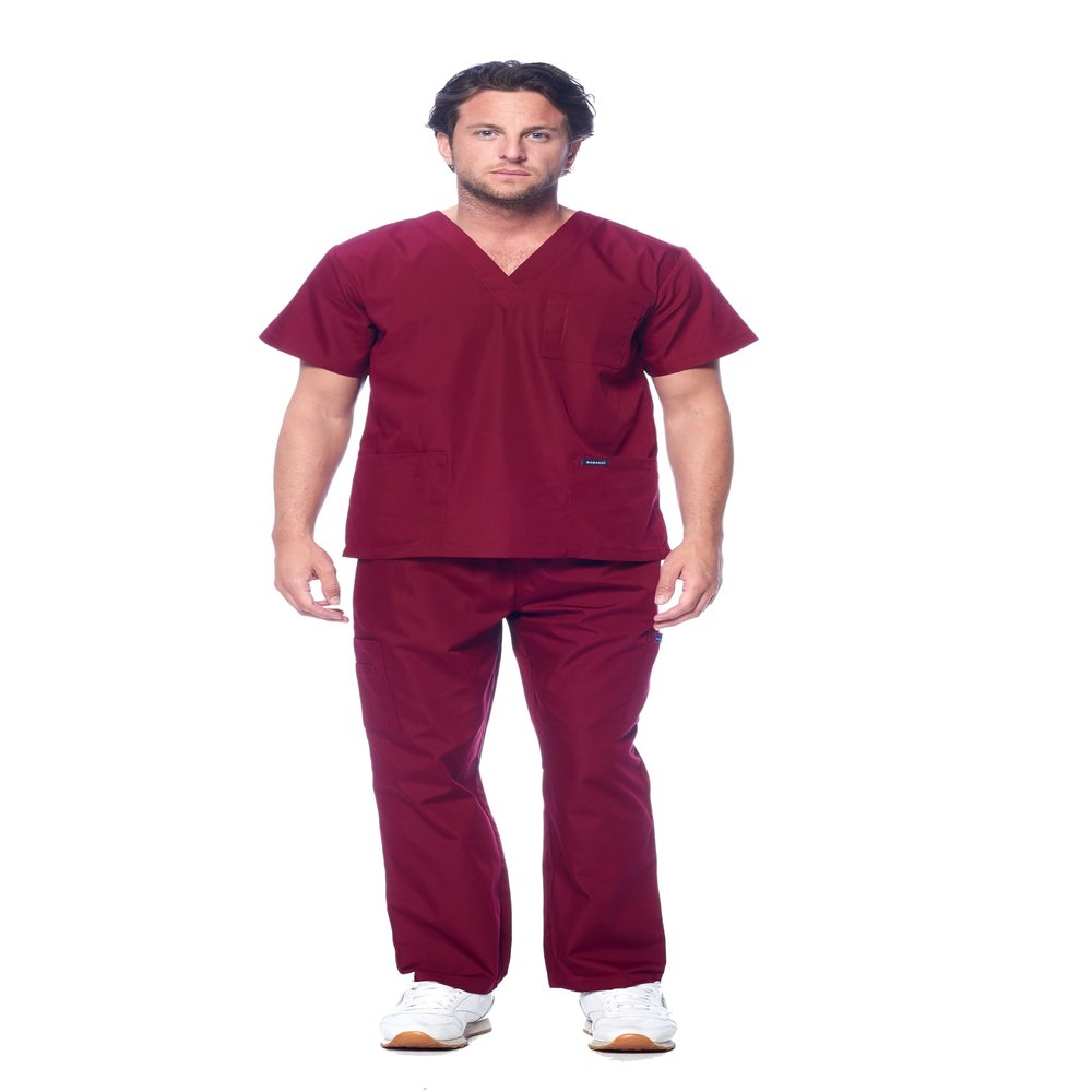 Dagacci Scrubs for Men Set - V-Neck Scrub Top and Cargo Pants - 8 Pockets Men Scrubs Set (X-Small, Burgundy)