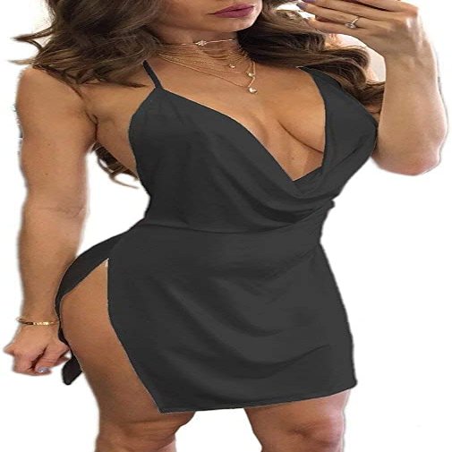 VANCOL Women's Sexy Deep V-Neck Halter Backless Slit Mini Party Club Dress (XL, Black)