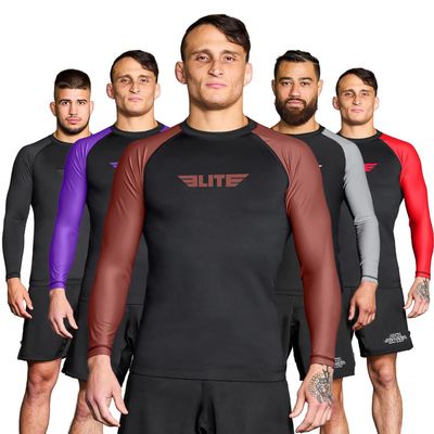 Elite Sports New Item Full Long Sleeve Compression, MMA, BJJ, No-Gi, Cross Training Rash Guard (Brown, X-Large)