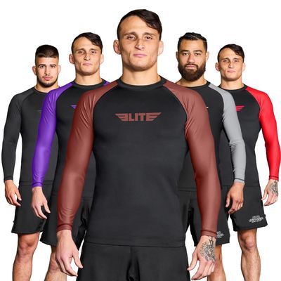 Elite Sports New Item Full Long Sleeve Compression, MMA, BJJ, No-Gi, Cross Training Rash Guard (Brown, Large)