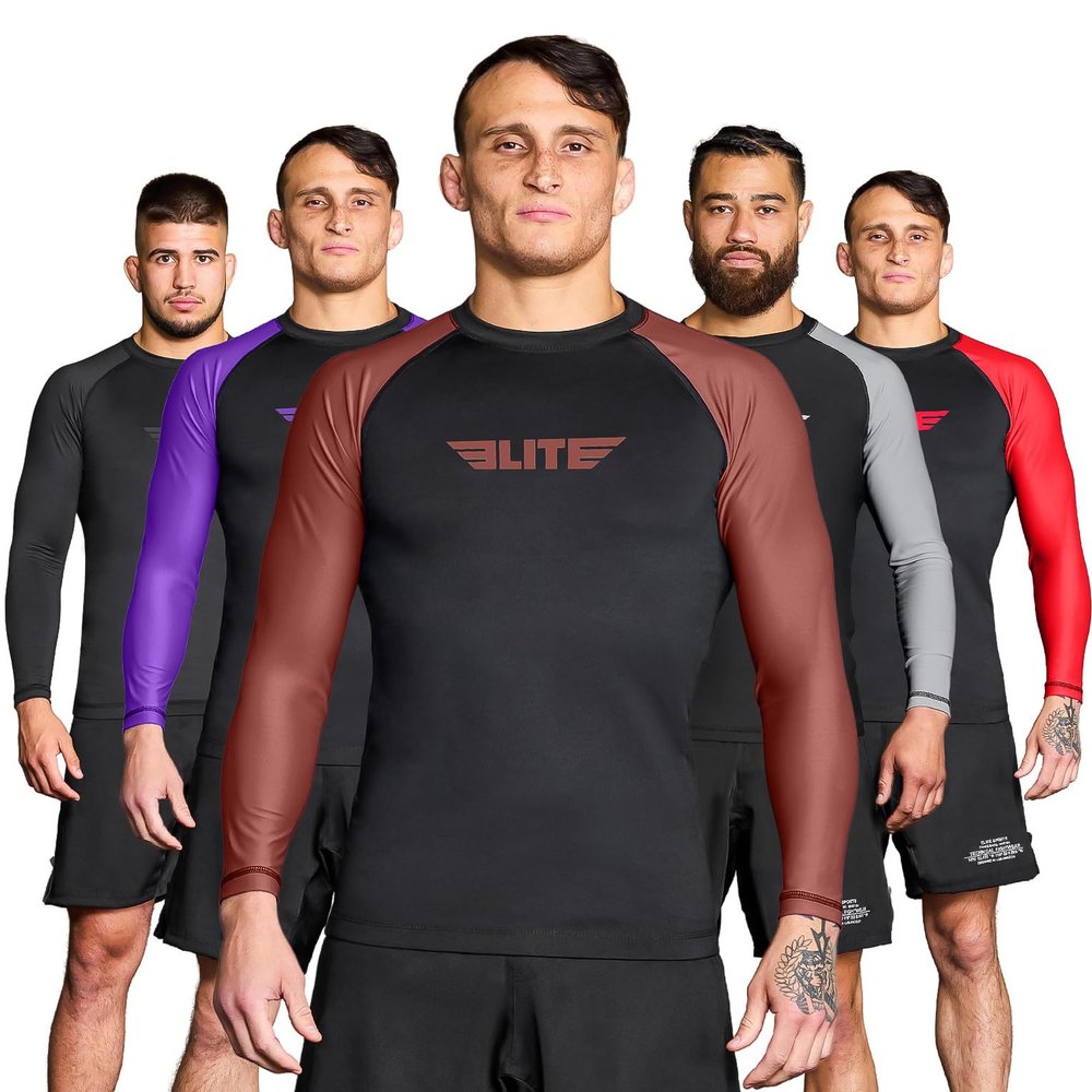 Elite Sports New Item Full Long Sleeve Compression, MMA, BJJ, No-Gi, Cross Training Rash Guard (Brown, Large)
