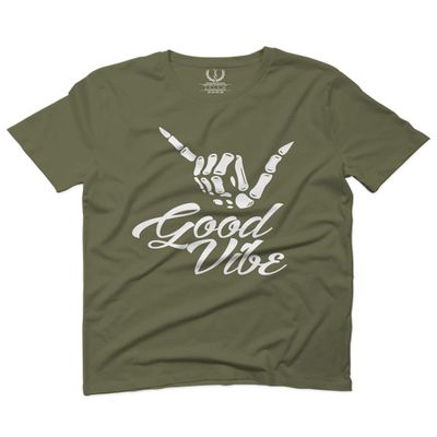 0013. Big Good Vibe Bones Hand Shaka Cool Vintage Hipster Graphic for Men T Shirt (Olive Green, 2X-Large)