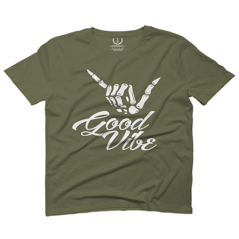 0013. Big Good Vibe Bones Hand Shaka Cool Vintage Hipster Graphic for Men T Shirt (Olive Green, 2X-Large)