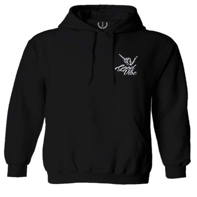 0012. Good Vibe Bones Hand Shaka Cool Vintage Hipster Graphic Sweatshirt Pullover Hoodie (Black, Small)