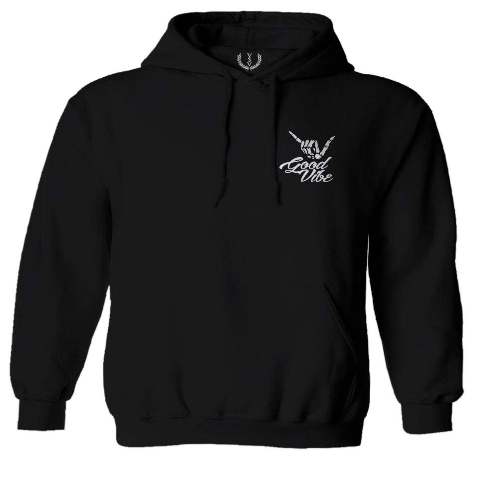 0012. Good Vibe Bones Hand Shaka Cool Vintage Hipster Graphic Sweatshirt Pullover Hoodie (Black, Small)