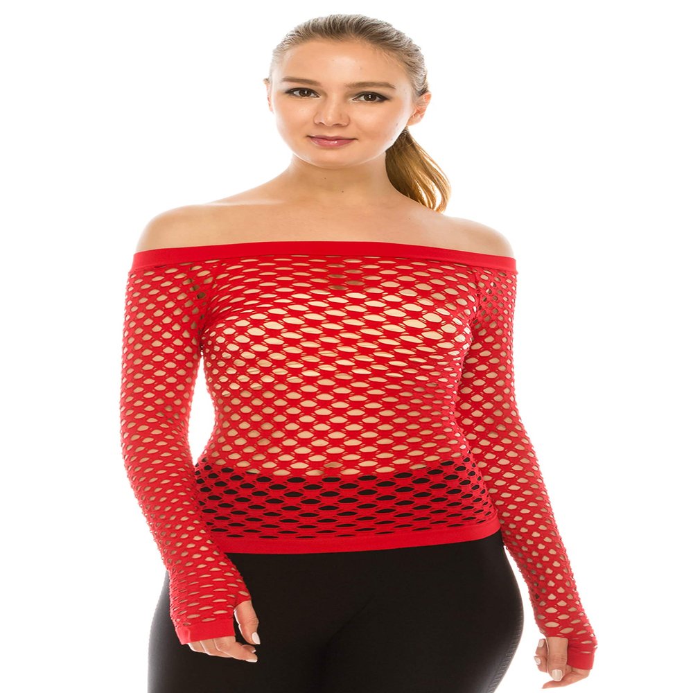 Kurve Stretchy Fishnet Long Sleeve Top, UV Protective Fabric, Rated UPF 50+ (Made with Love in The USA), Red, X-Small / Medium