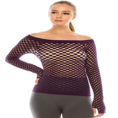 Kurve Stretchy Fishnet Long Sleeve Top, UV Protective Fabric, Rated UPF 50+ (Made with Love in The USA), Eeggplant, X-Small/Medium