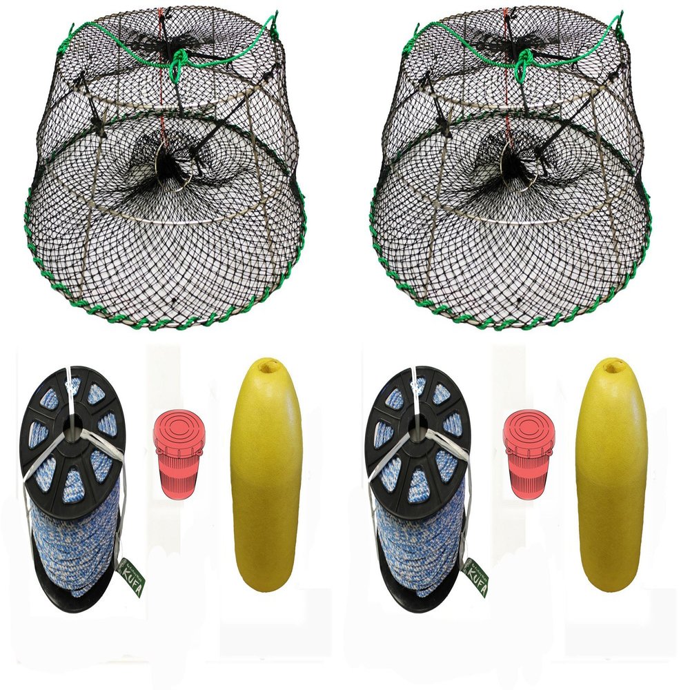 2-Pack of KUFA Sports Tower Style Prawn Trap with 400' Rope, Yellow Float and Vented Bait Jar Combo (CT77+PAS3) x2