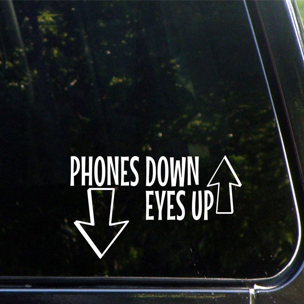 Sign Depot Phones Down, Eyes Up - 8" x 3-3/4" - Vinyl Die Cut Decal/Bumper Sticker for Windows, Cars, Trucks, Laptops, Etc.