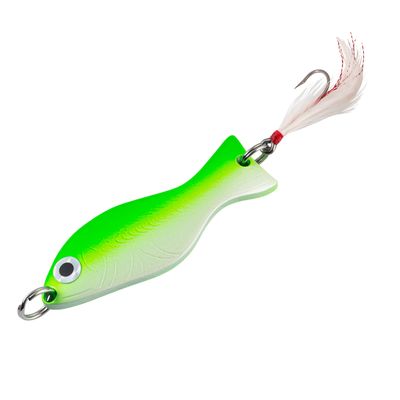 AL's Goldfish Lure Company Saltwater Series Goldfish Fishing Spoons with Hackle Feather and #3/0 VMC J Hook. 1-1/4 oz. - 4-1/2" Overall Length, Charteuse Pearl