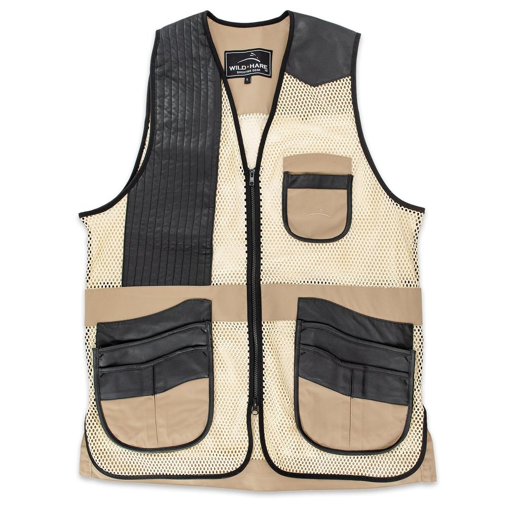 Wild Hare Shooting Gear Range Vest - Khaki with Black Leather (3XL-Large, right)