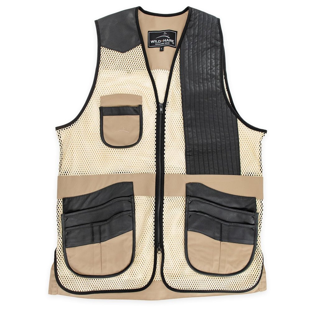Wild Hare Shooting Gear Range Vest - Khaki with Black Leather (3XL-Large, left)