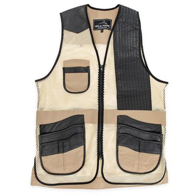 Wild Hare Shooting Gear Range Vest - Khaki with Black Leather (2XL-Large, left)