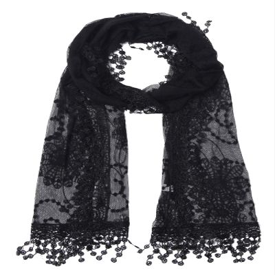 Cindy and Wendy Lightweight Soft Leaf Lace Fringes Scarf shawl for Women (TYH-BLACK)