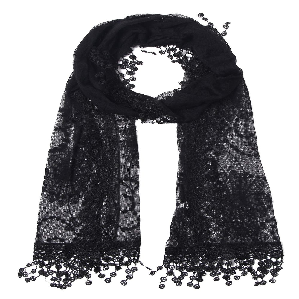 Cindy and Wendy Lightweight Soft Leaf Lace Fringes Scarf shawl for Women (TYH-BLACK)