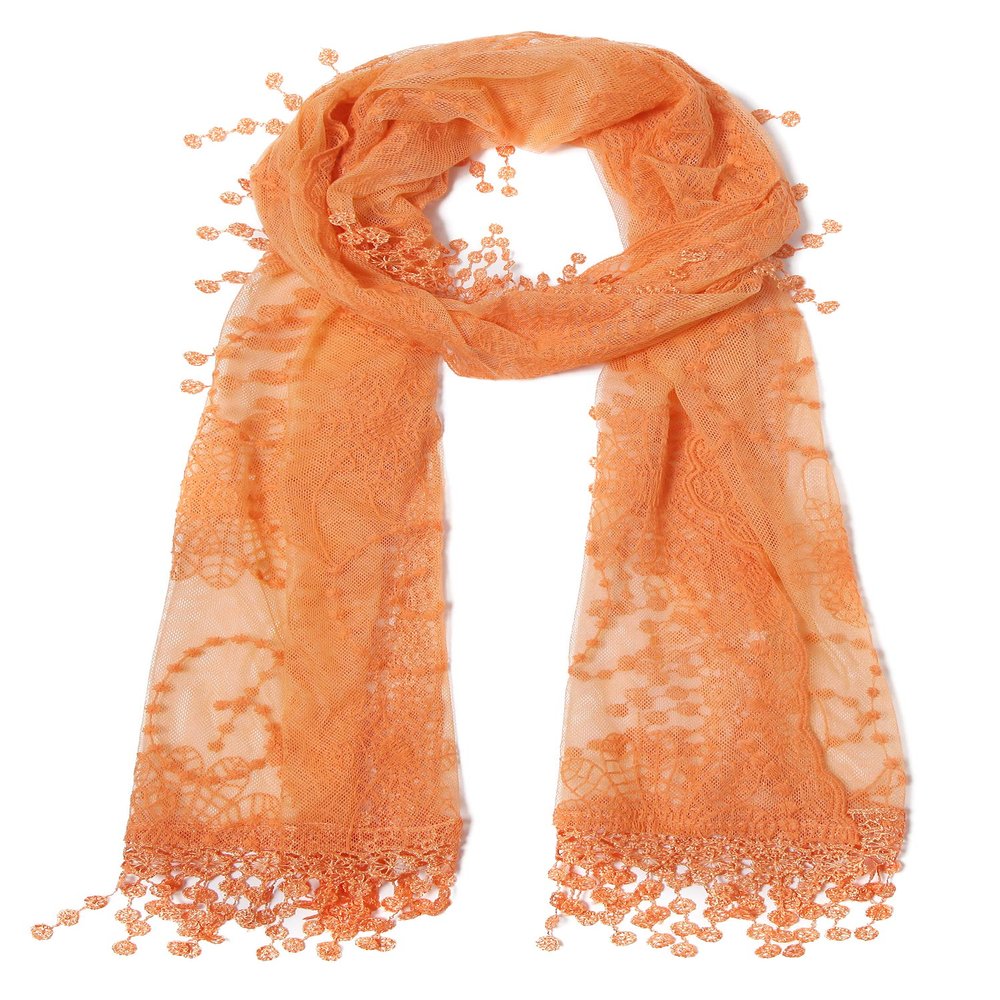 Cindy and Wendy Lightweight Soft Leaf Lace Fringes Scarf shawl for Women (TYH-ORANGE)