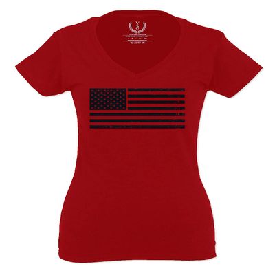 0023. United States of America Vintage American Flag USA us Military Patriotic Style for Women V Neck Fitted T Shirt (Red, Small)