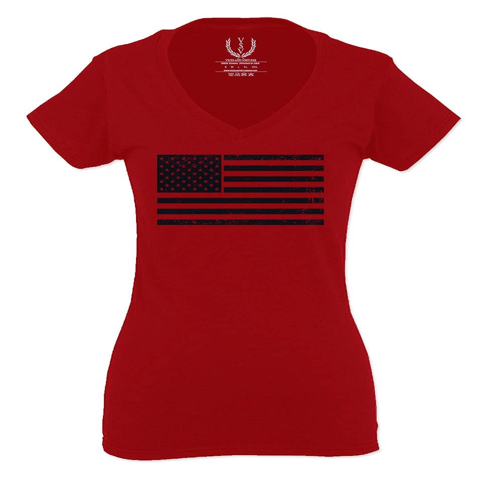 0023. United States of America Vintage American Flag USA us Military Patriotic Style for Women V Neck Fitted T Shirt (Red, Small)