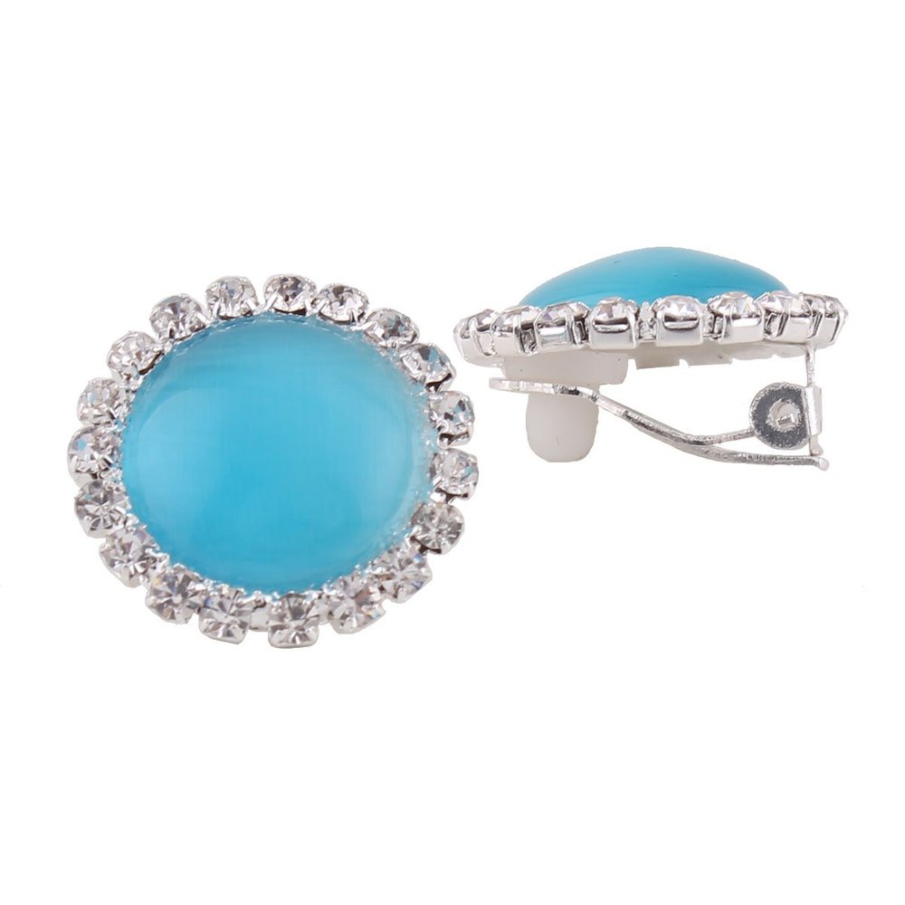 Rhinestone Opal Round Clip on Earrings Without Piercing for Women Luxury Jewelry (lake blue)