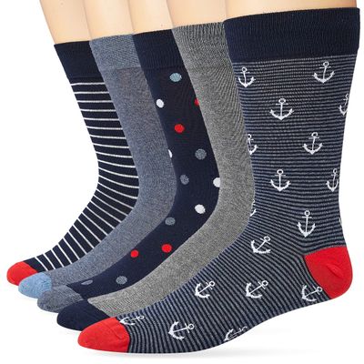 Amazon Essentials Men's Comfortable Patterned Cotton Crew Dress Socks, 5 Pairs, Blue/Red/Grey, 8-12