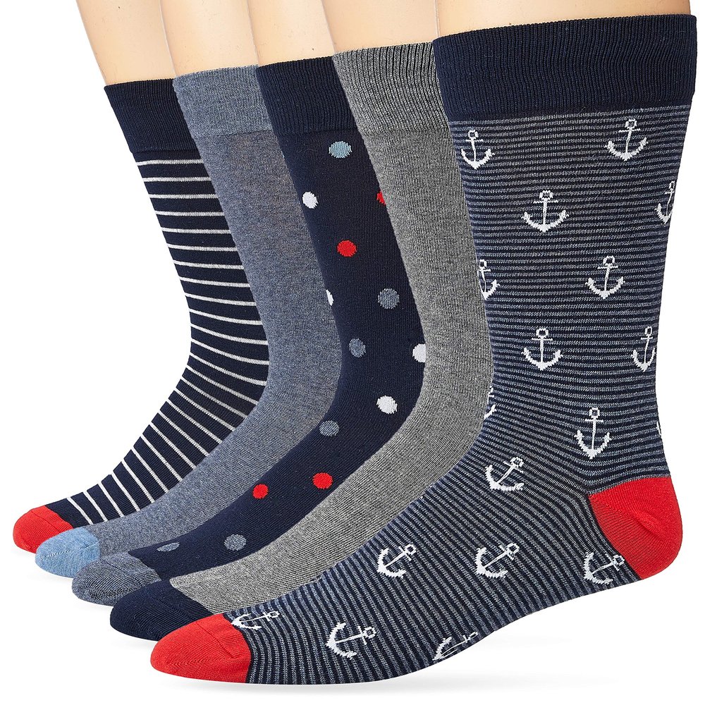 Amazon Essentials Men's Comfortable Patterned Cotton Crew Dress Socks, 5 Pairs, Blue/Red/Grey, 8-12