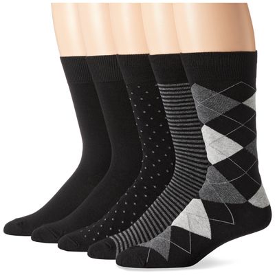 Amazon Essentials Men's Patterned Dress Crew Socks, 5 Pairs, Black/Dots/Plaid/Stripe, 13-15
