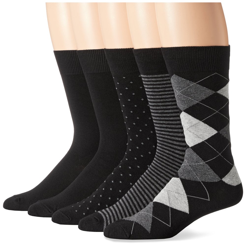 Amazon Essentials Men's Patterned Dress Crew Socks, 5 Pairs, Black/Dots/Plaid/Stripe, 13-15