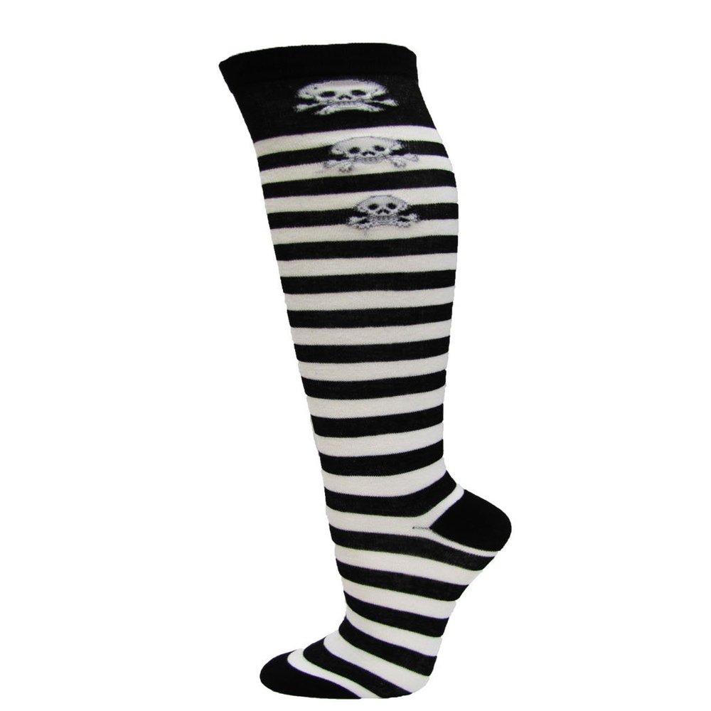 Skull Pattern Fashion Women Stylish Stripes Knee High Socks - Black/White / 3 Skulls