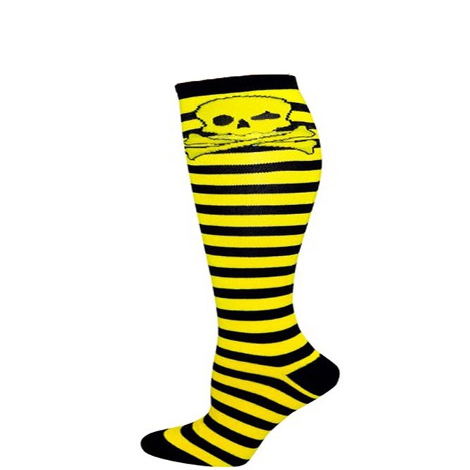 Skull Pattern Fashion Women Stylish Stripes Knee High Socks - Black/Yellow/Yellow Skull