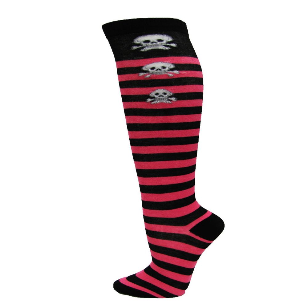 Skull Pattern Fashion Women Stylish Stripes Knee High Socks - Black/Hot Pink / 3 Skulls