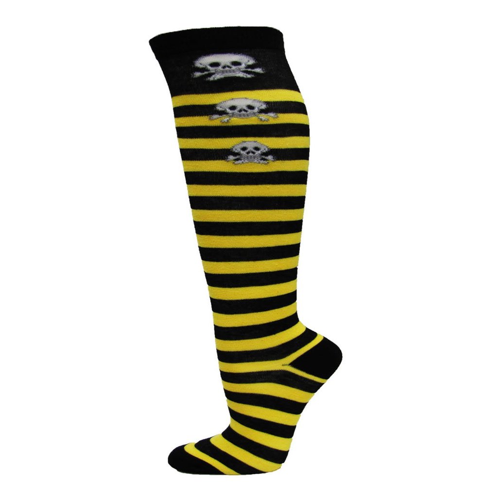 Skull Pattern Fashion Women Stylish Stripes Knee High Socks - Black/Yellow / 3 Skulls