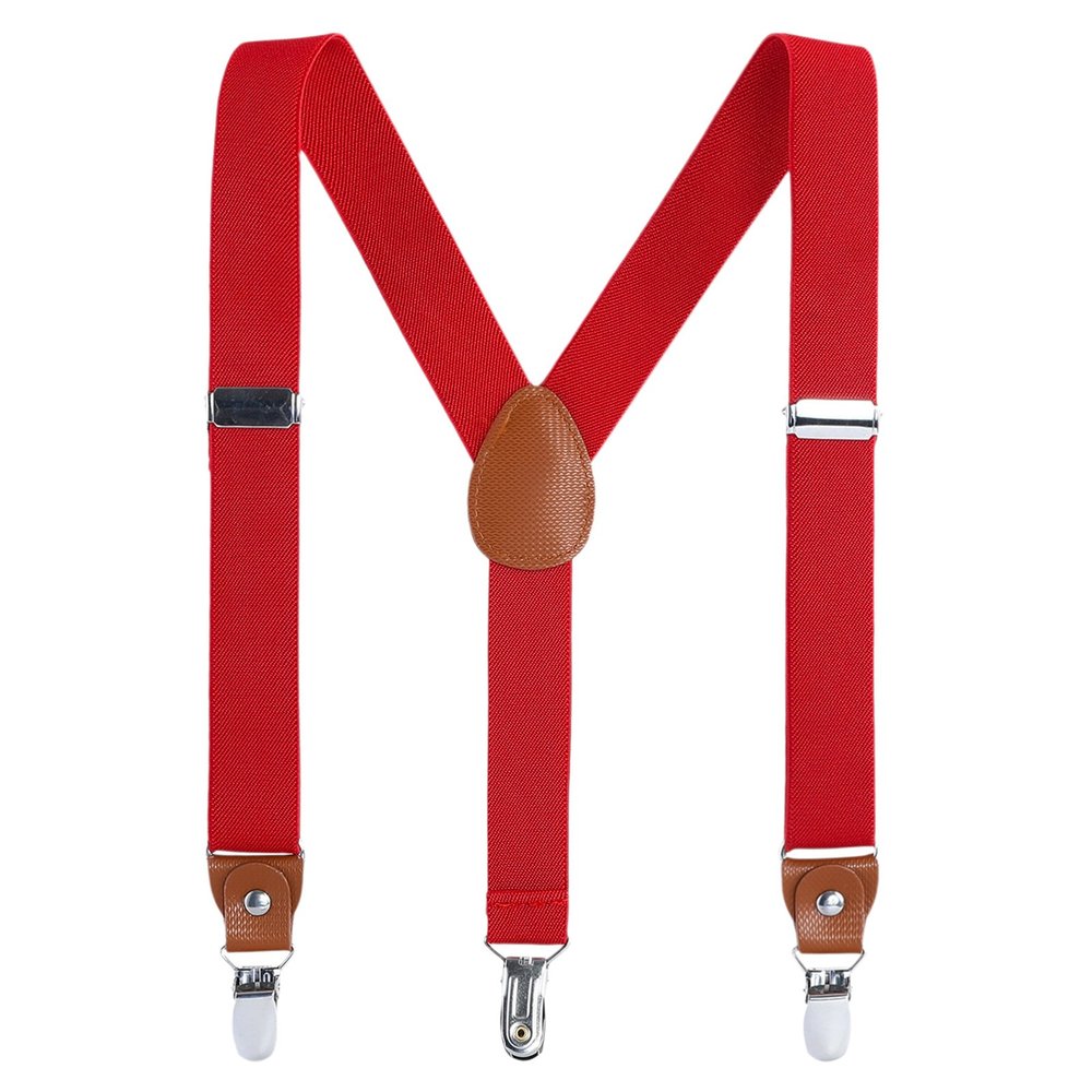 AWAYTR Kids Boys Adults Suspenders - 4 Sizes Sturdy Metal Clips Elastic Adjustable Suspender (24 inches (3 Years-6 Years),Red)