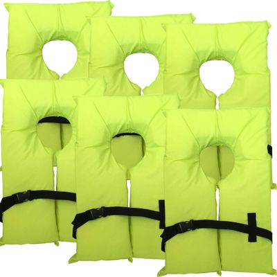 6 Pack Coast Guard Approved Life Jackets. High Visibility Color Type II Keyhole Life Vest in Classic May West Style. Compliance Flotation Device Adult Neon Yellow